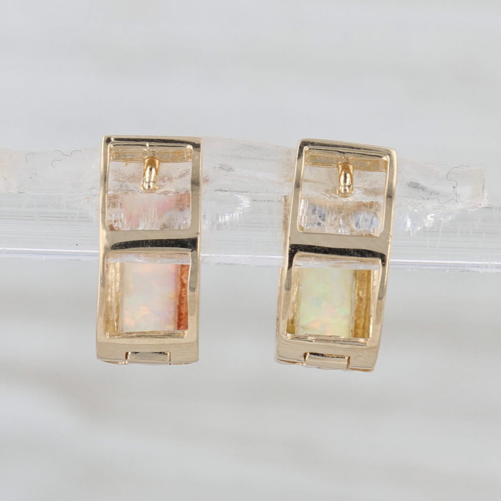 Lab Created Opal Small Hoop Huggie Earrings 14k Yellow Gold Snap Top Hoops