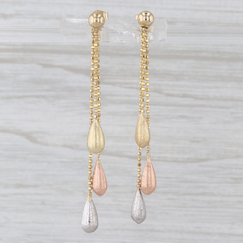 Tri-Toned Teardrop Chain Dangle Earrings 14k Yellow Rose White Gold Drops