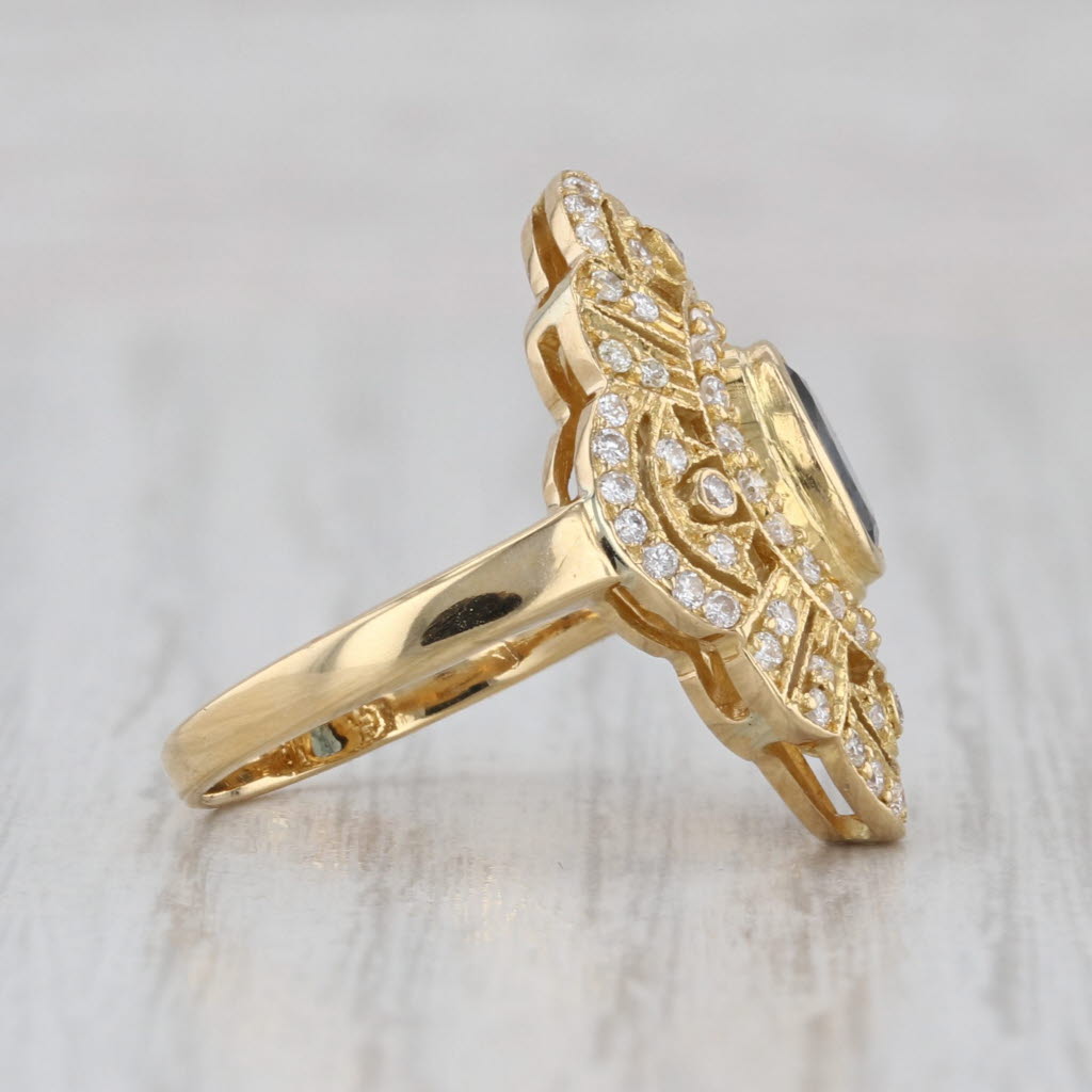 1.41ctw Oval Blue Sapphire Diamond Halo Ring 18k Yellow Gold Ornate Size 4.5
