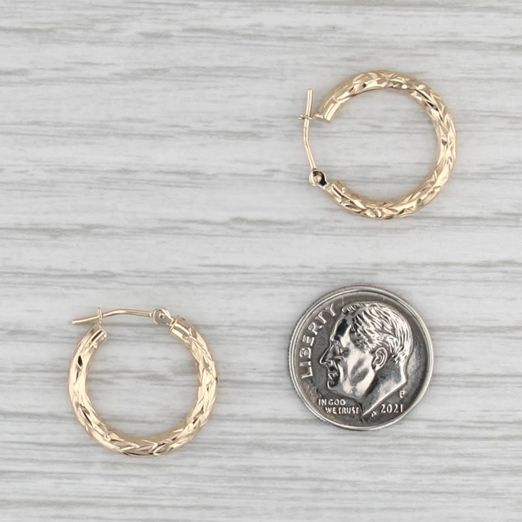 Small Etched Hoop Earrings 10k Yellow Gold Snap Top Round Hoops 19 x 2.4 mm