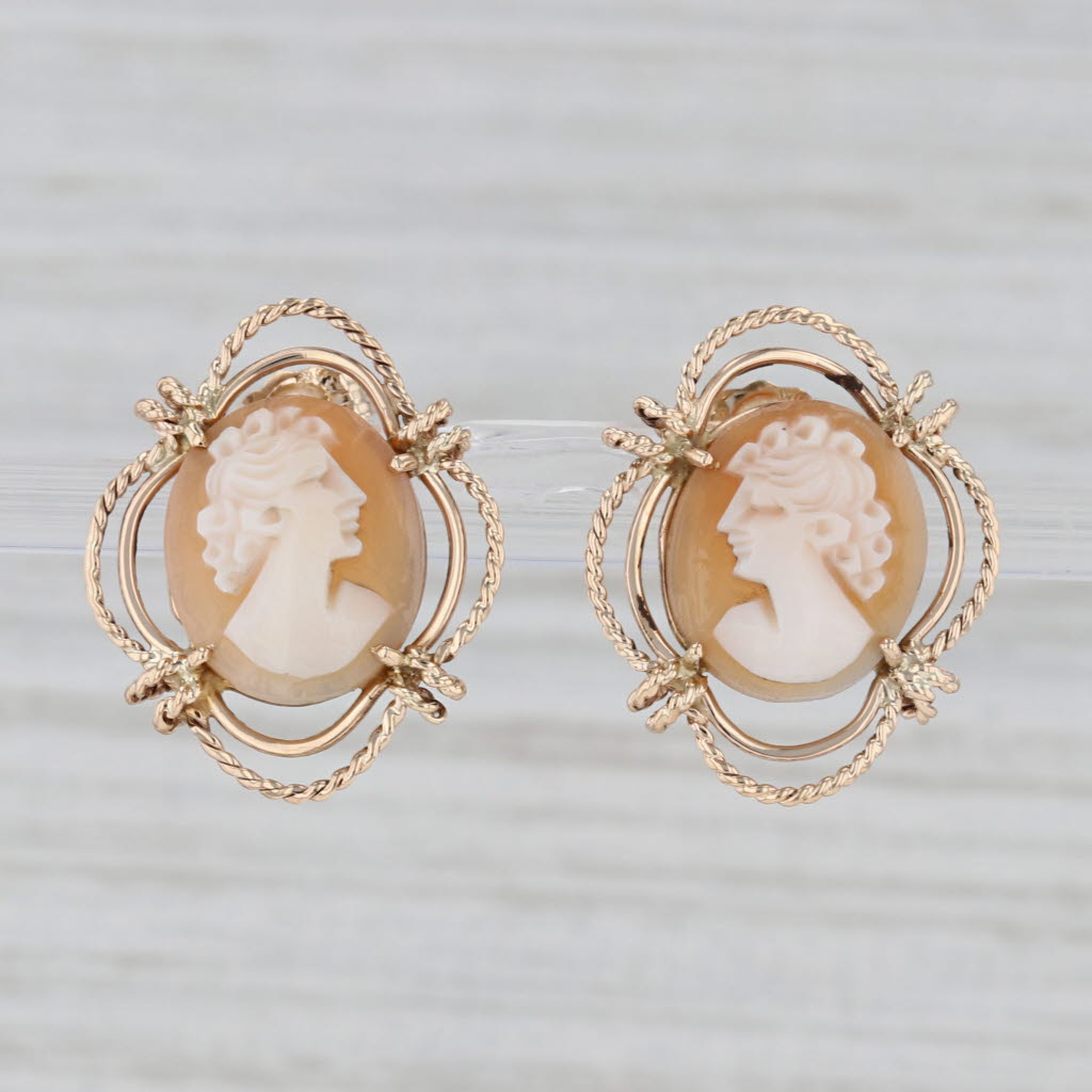 Gray Cameo Stud Earrings14k Yellow Gold Carved Shell Figural Vintage