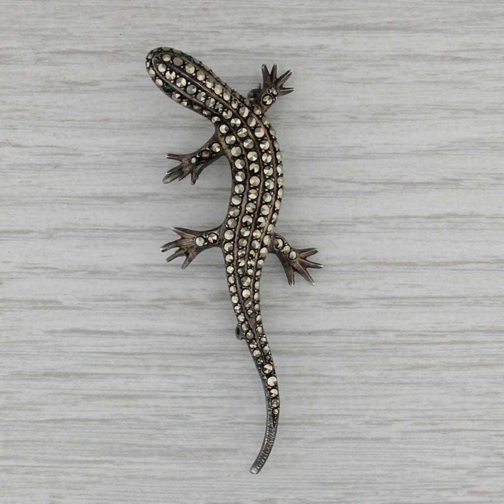 Salamander Lizard Brooch Sterling Silver Marcasite Glass Vintage Pin