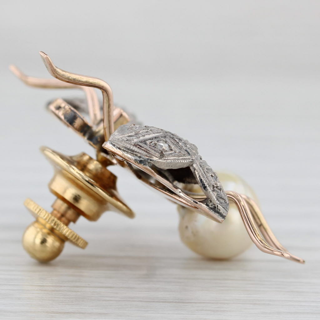 Gray Vintage Flying Insect Bug Brooch 14k Gold Pearl Lab Created Ruby Pin