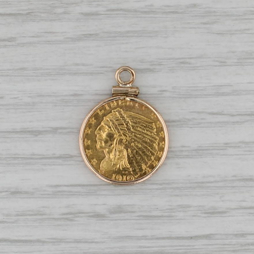 Authentic 1910 2.50 Indian Head Coin Pendant Gold Filled Bezel 900 Gold Coin