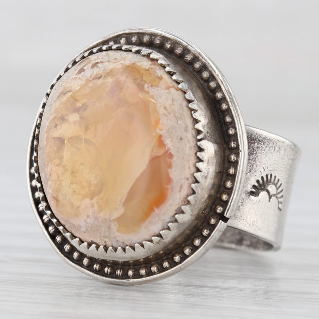 Light Gray Vintage Native American Fire Opal Cabochon Ring Sterling Silver Size 6.5
