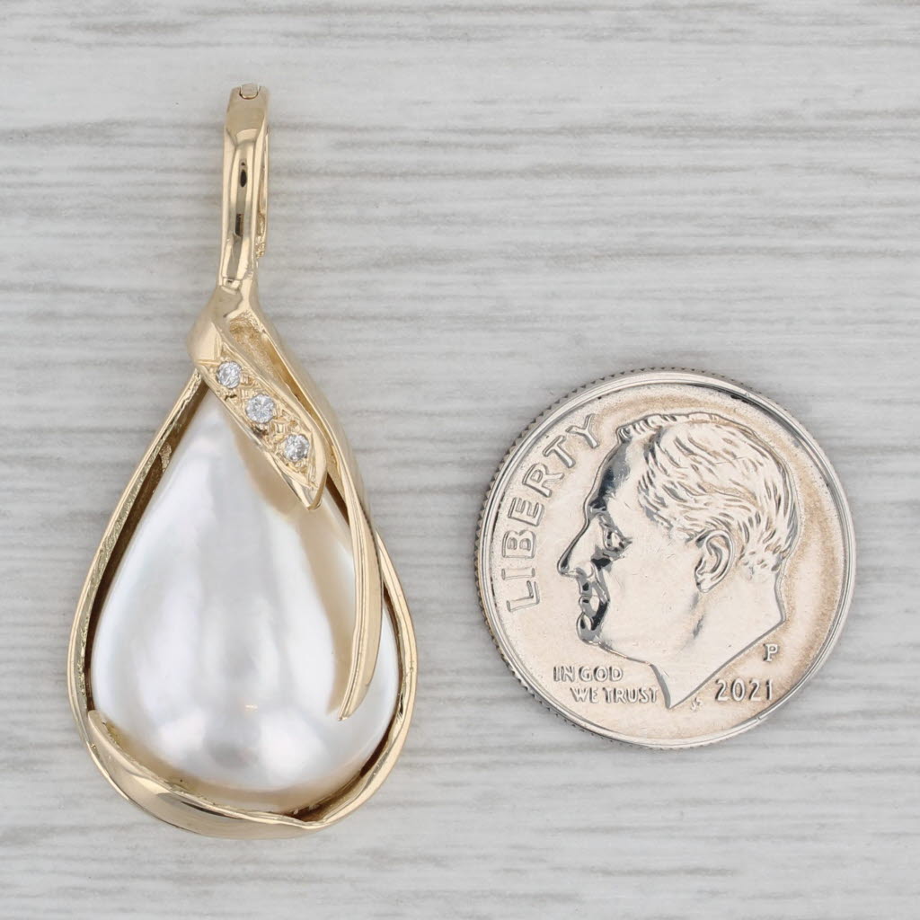 Gray Mabe Pearl Diamond Teardrop Pendant 14k Yellow Gold Enhancer Clip Bail