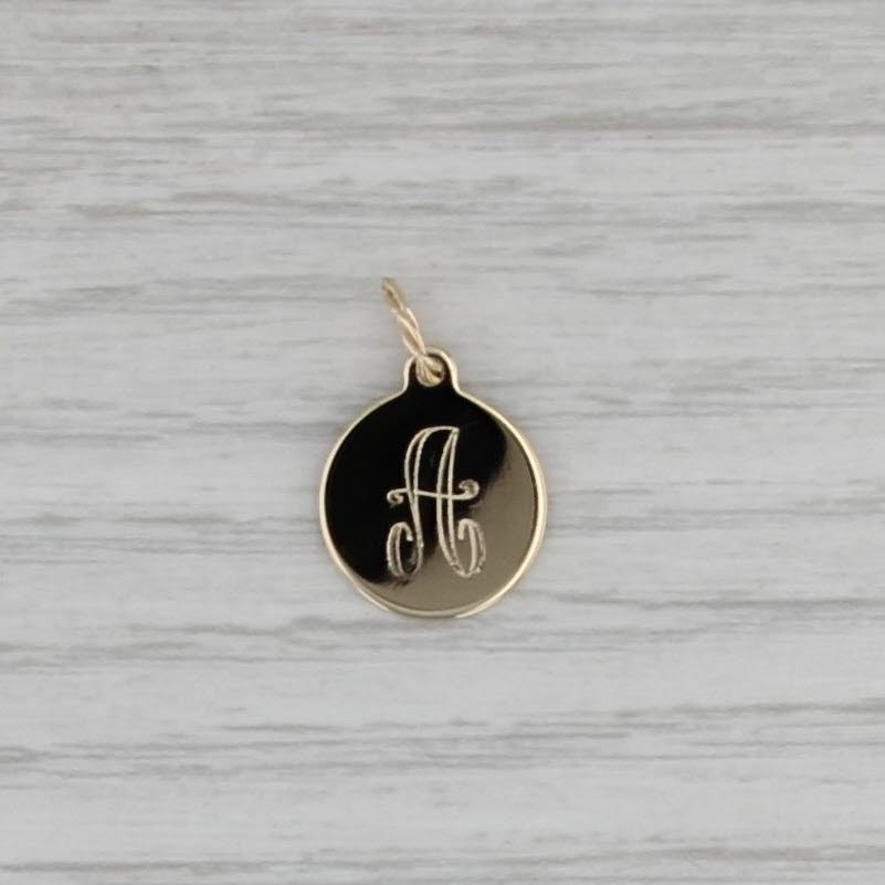 Engraved Letter Initial "A" Pendant 14k Yellow Gold Small Round Charm