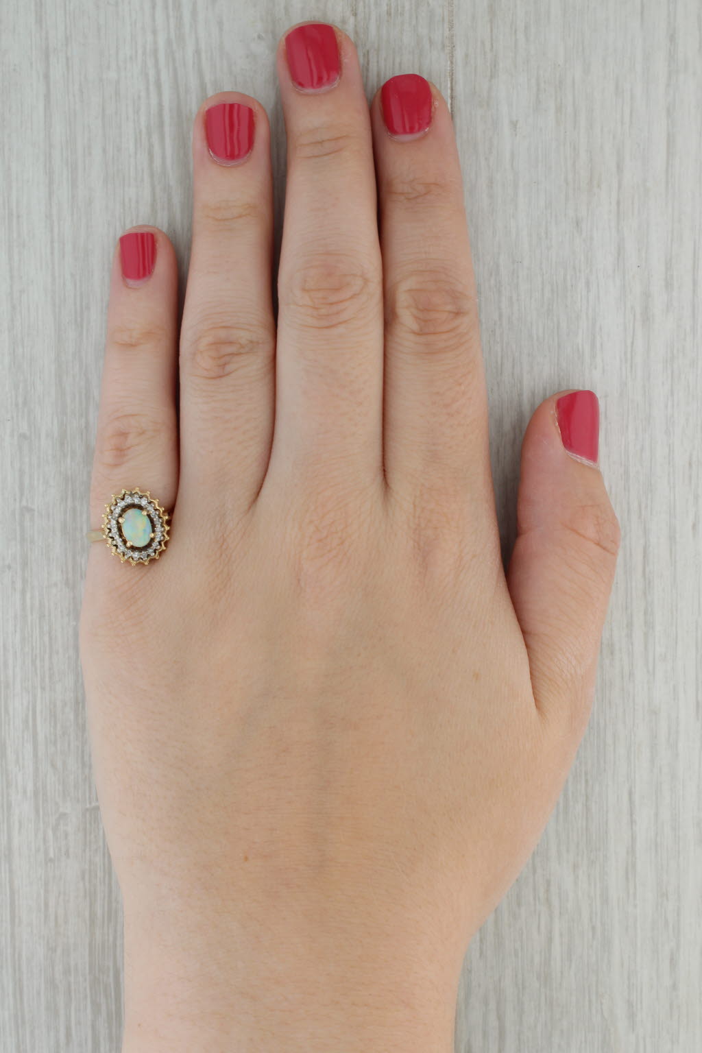 Dark Gray Oval Opal Cabochon Diamond Halo Ring 14k Yellow Gold Size 6.5