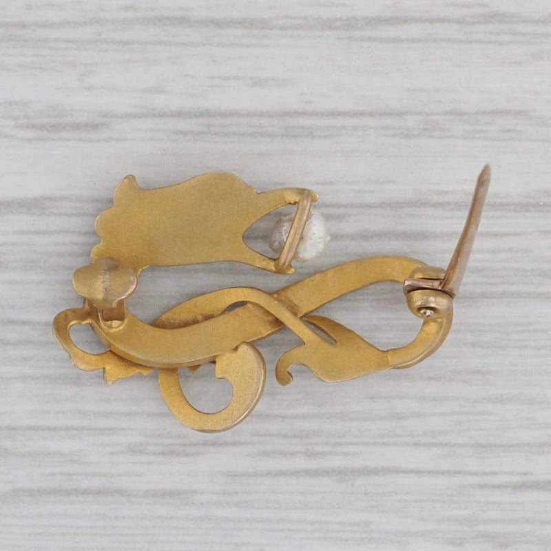 Art Nouveau Cultured Baroque Pearl Dragon Pin 10k Yellow Gold Antique Brooch