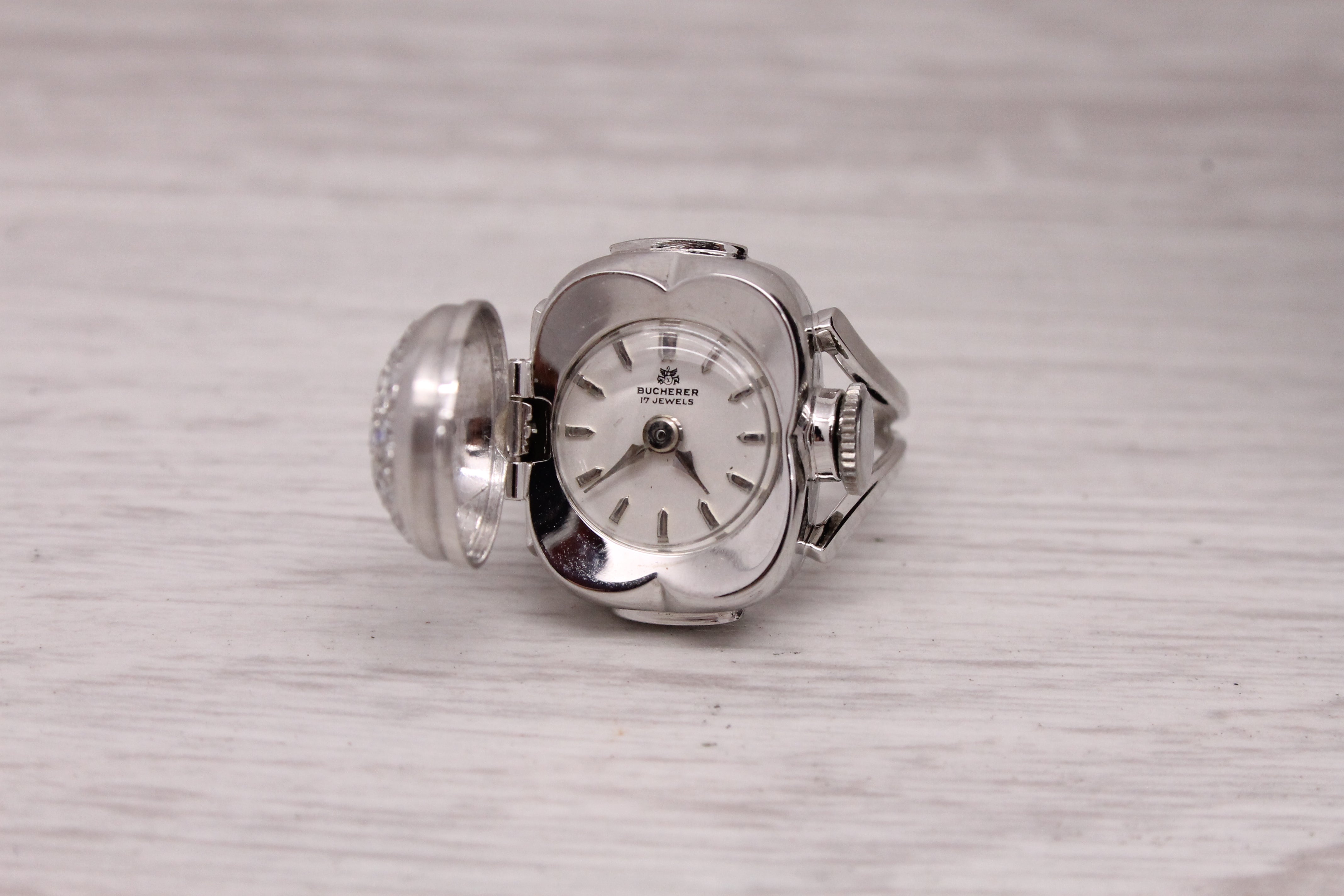 Gray Vintage c.1950's Bucherer 18k White Gold & Diamond Peek a Boo Ring Watch w Box