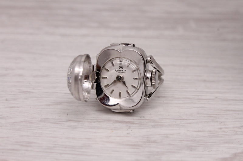 Vintage c.1950's Bucherer 18k White Gold & Diamond Peek a Boo Ring Watch w Box
