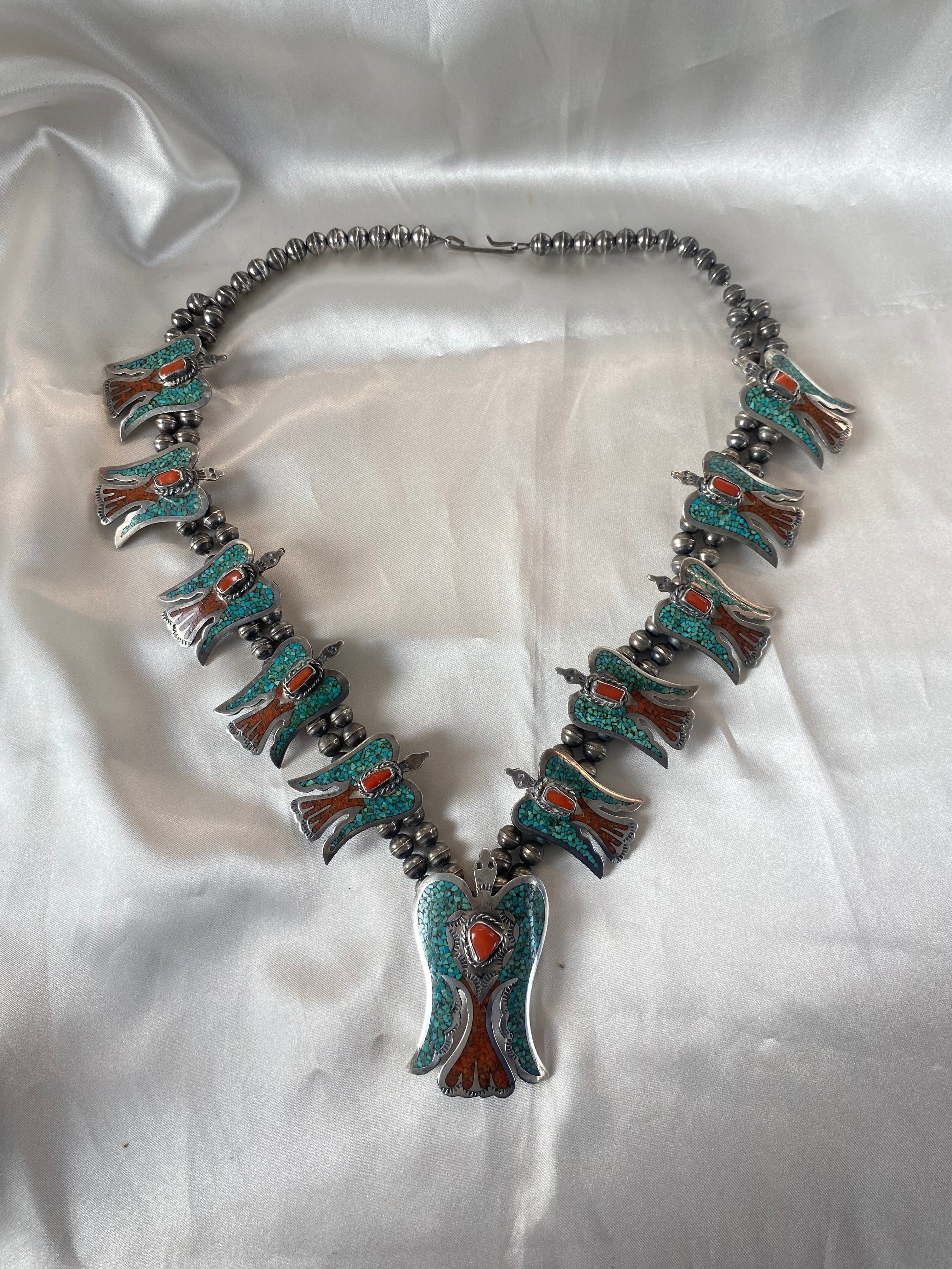 B Ben Native American Stone Mosaic Eagle Squash Blossom Necklace Sterling Silver