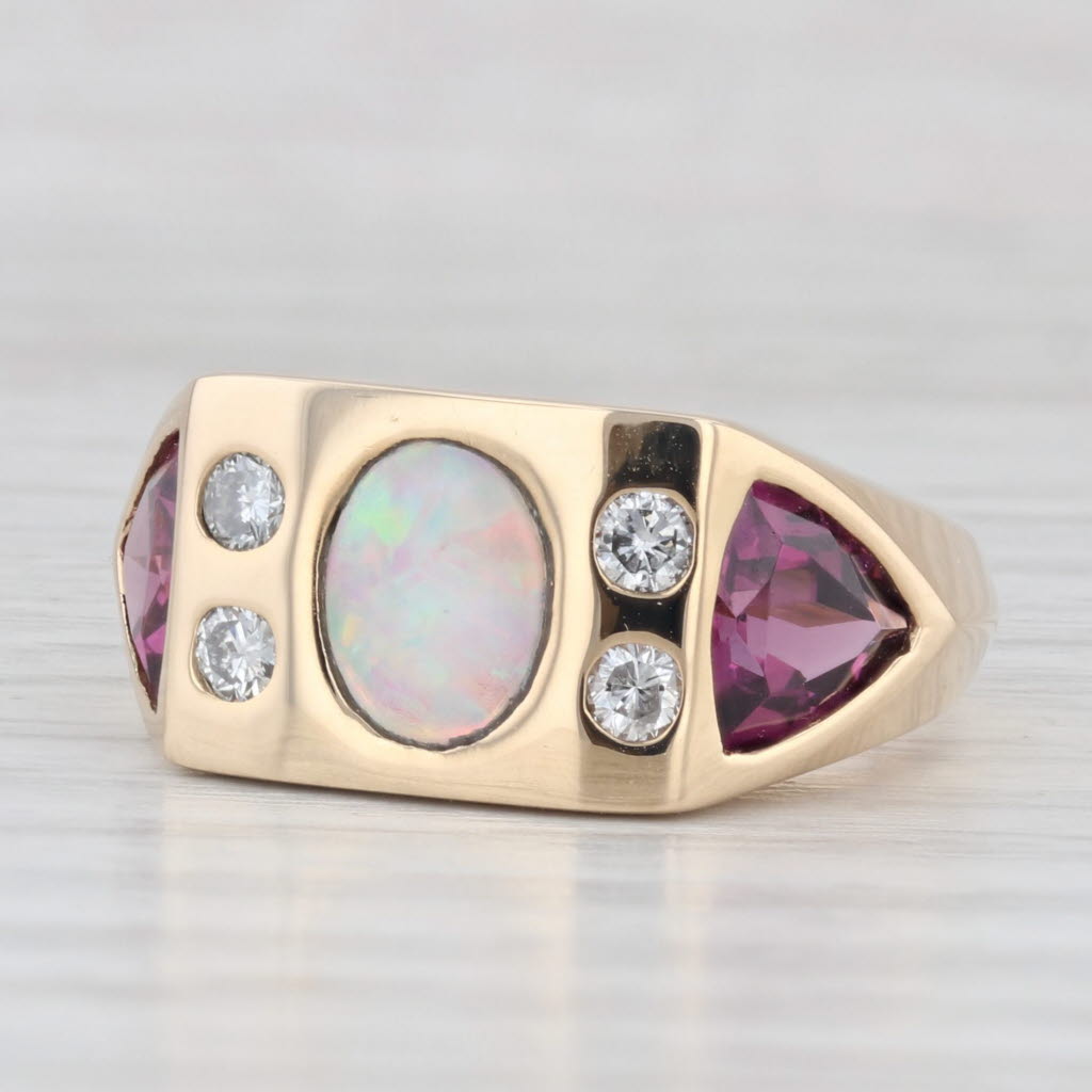 Light Gray Opal Rhodolite Garnet Diamond Ring 14k Yellow Gold Size 7