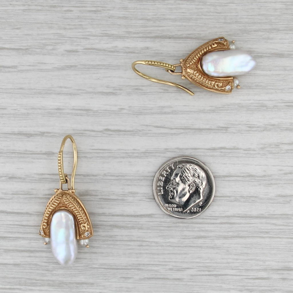 Cultured Baroque Pearl Diamond Dangle Earrings Artisan Signed Hook Posts