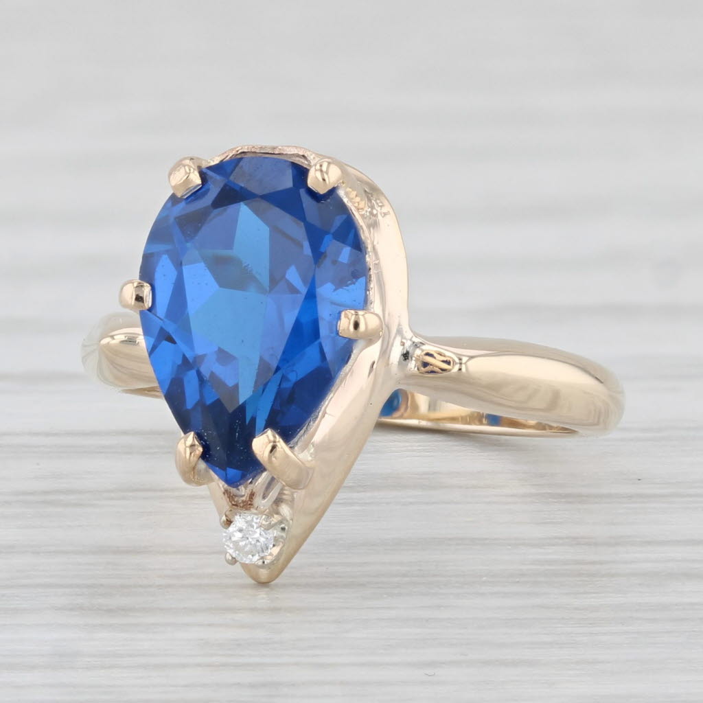 Light Gray 2.10ct Blue Lab Created Spinel Teardrop Ring 14k Yellow Gold Sz 3 Diamond Accent