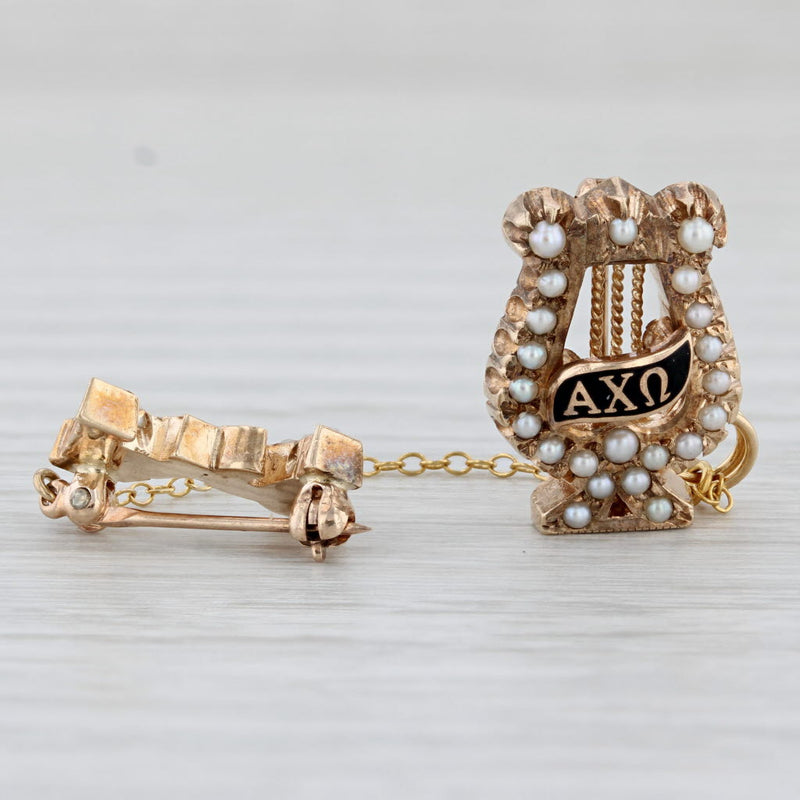 Light Gray Alpha Chi Omega Sorority Pin 10k Gold Pearl Lyre Badge with Guard