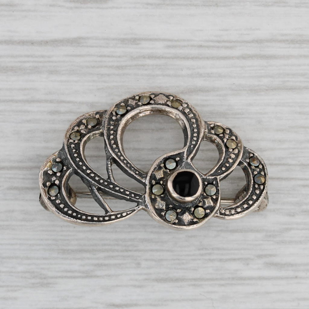 Gray Black Glass Marcasite Brooch Sterling Silver Vintage Pin