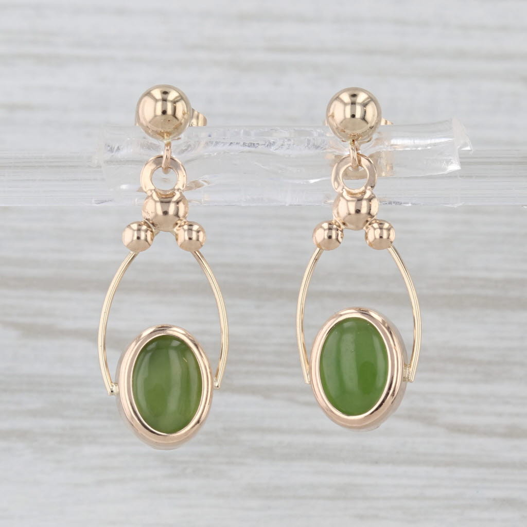 Green Nephrite Jade Dangle Earrings 14k Yellow Gold Oval Cabochon Drops