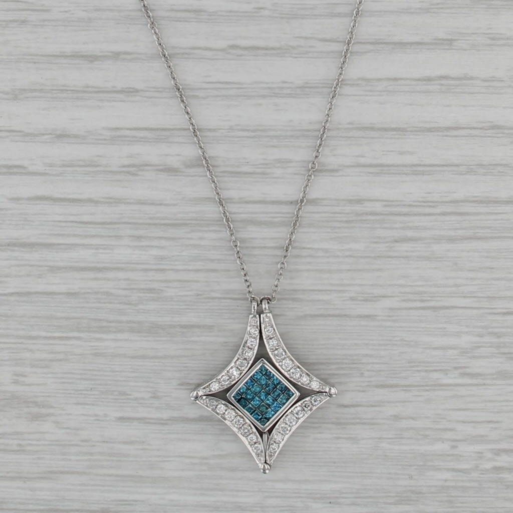 Convertible 1.35ctw Blue White Diamond Necklace 14k White Gold Cable Chain