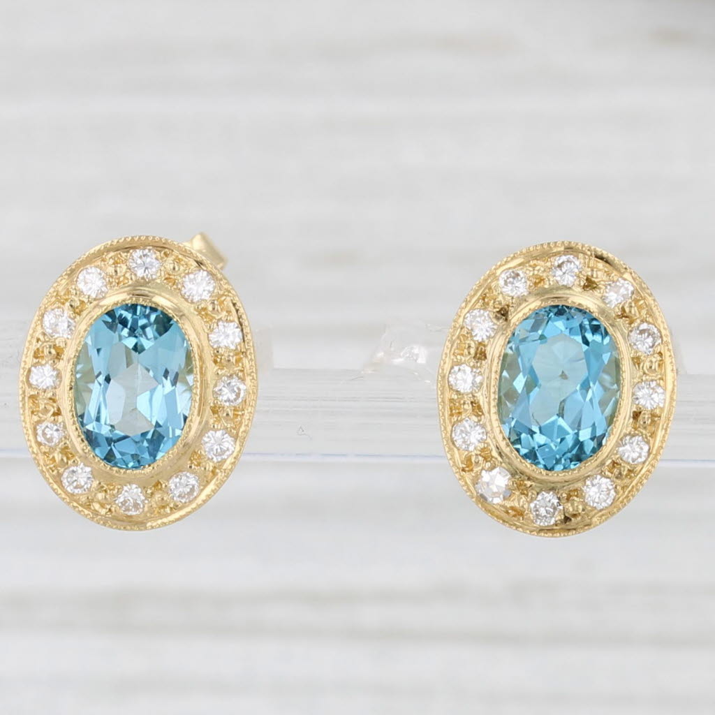 Light Gray 2.10ctw Oval Blue Topaz Diamond Halo Stud Earrings 18k Yellow Gold