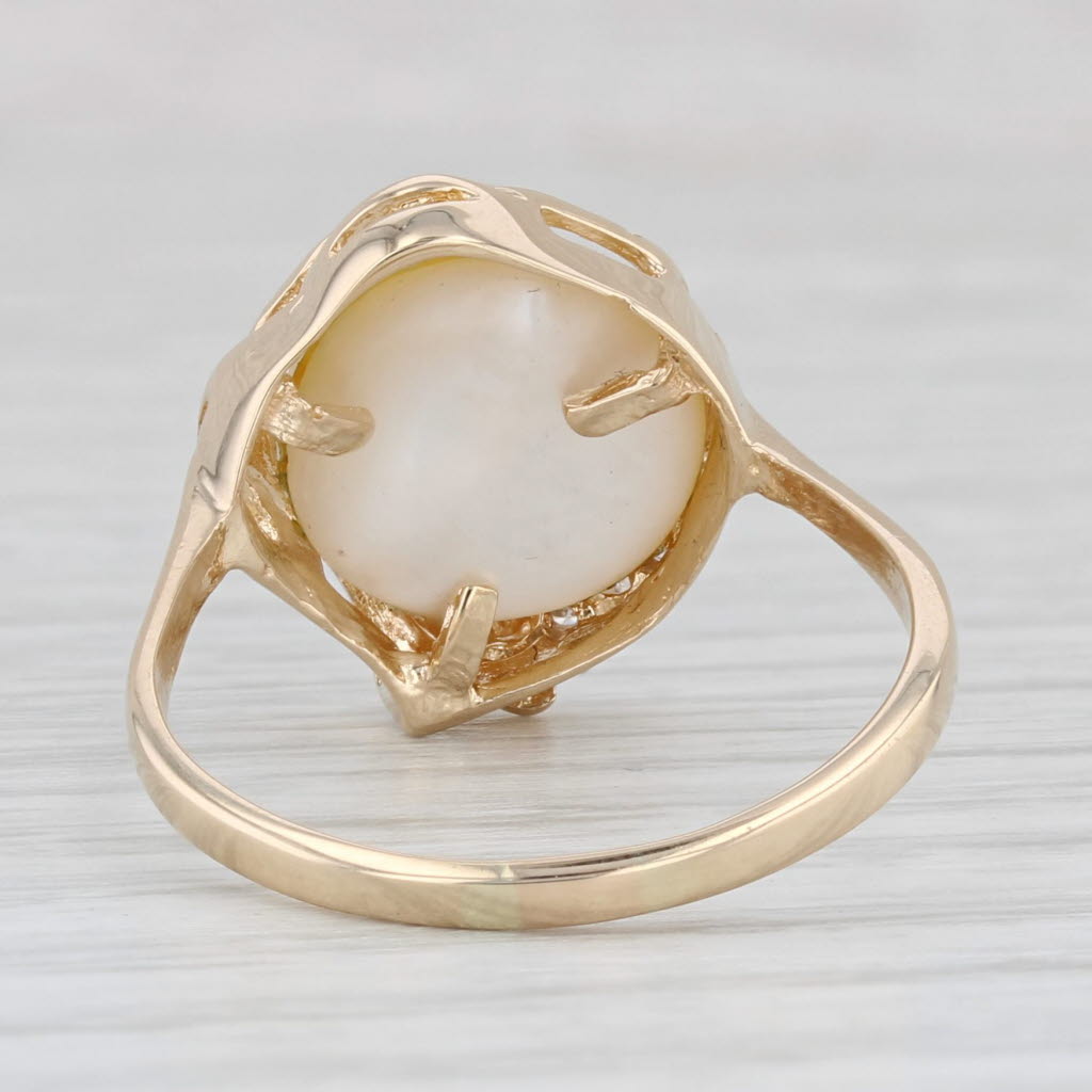 Light Gray Vine Framed Mabe Pearl Diamond Ring 14k Yellow Gold Size 9.25