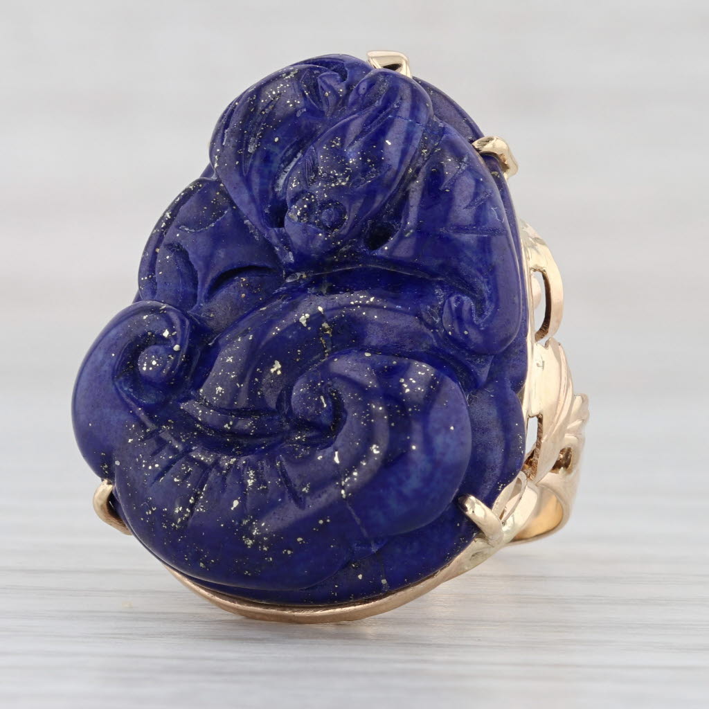 Dark Slate Gray Figural Carved Lapis Lazuli Ring 14k Gold Thai Fire god Asian deity Size 7.5