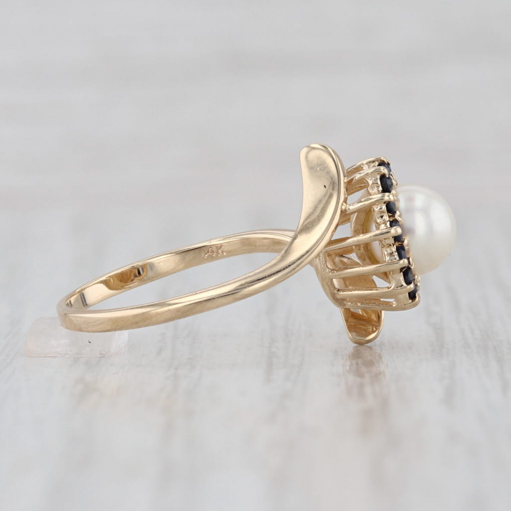 Cultured Pearl Blue Sapphire Halo Bypass Ring 14k Yellow Gold Size 7.25