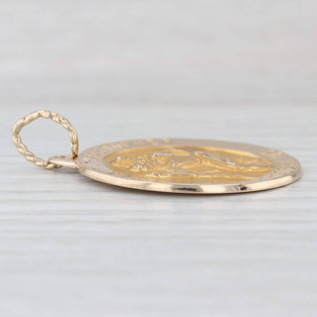 Large Saint Christopher Medallion Pendant 14k Yellow Gold Catholic Token