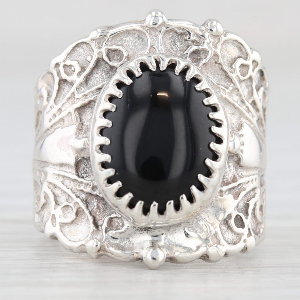Light Gray Onyx Oval Cabochon Solitaire Statement Ring Sterling Silver Size 6 Ornate