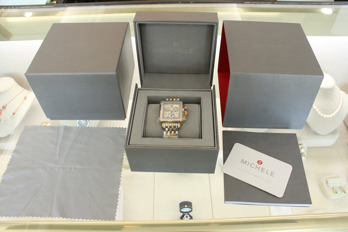 Michele Deco 2 Tone Ladies Quartz Chronograph Watch MOP Diamond Dial Bezel MINT