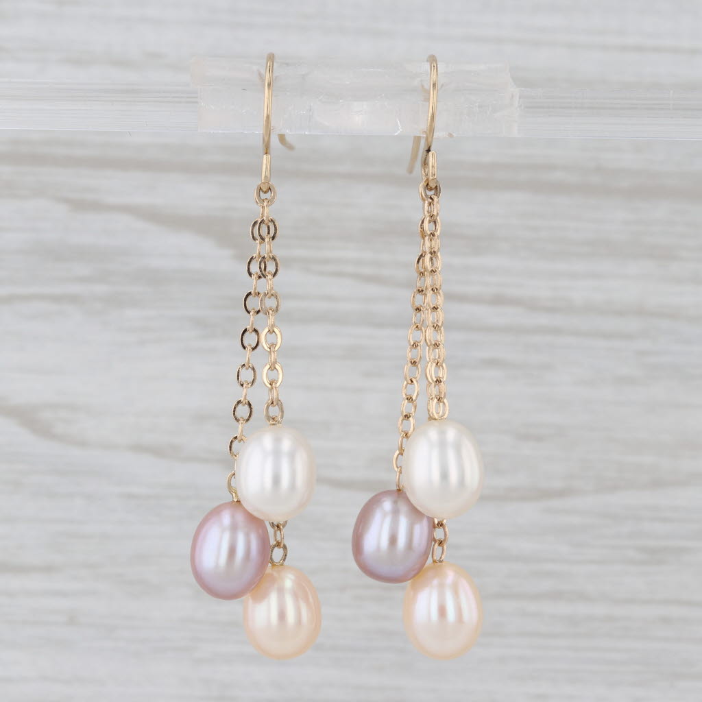 Pink & White Cultured Pearl Dangle Earrings 14k Yellow Gold Hook Posts
