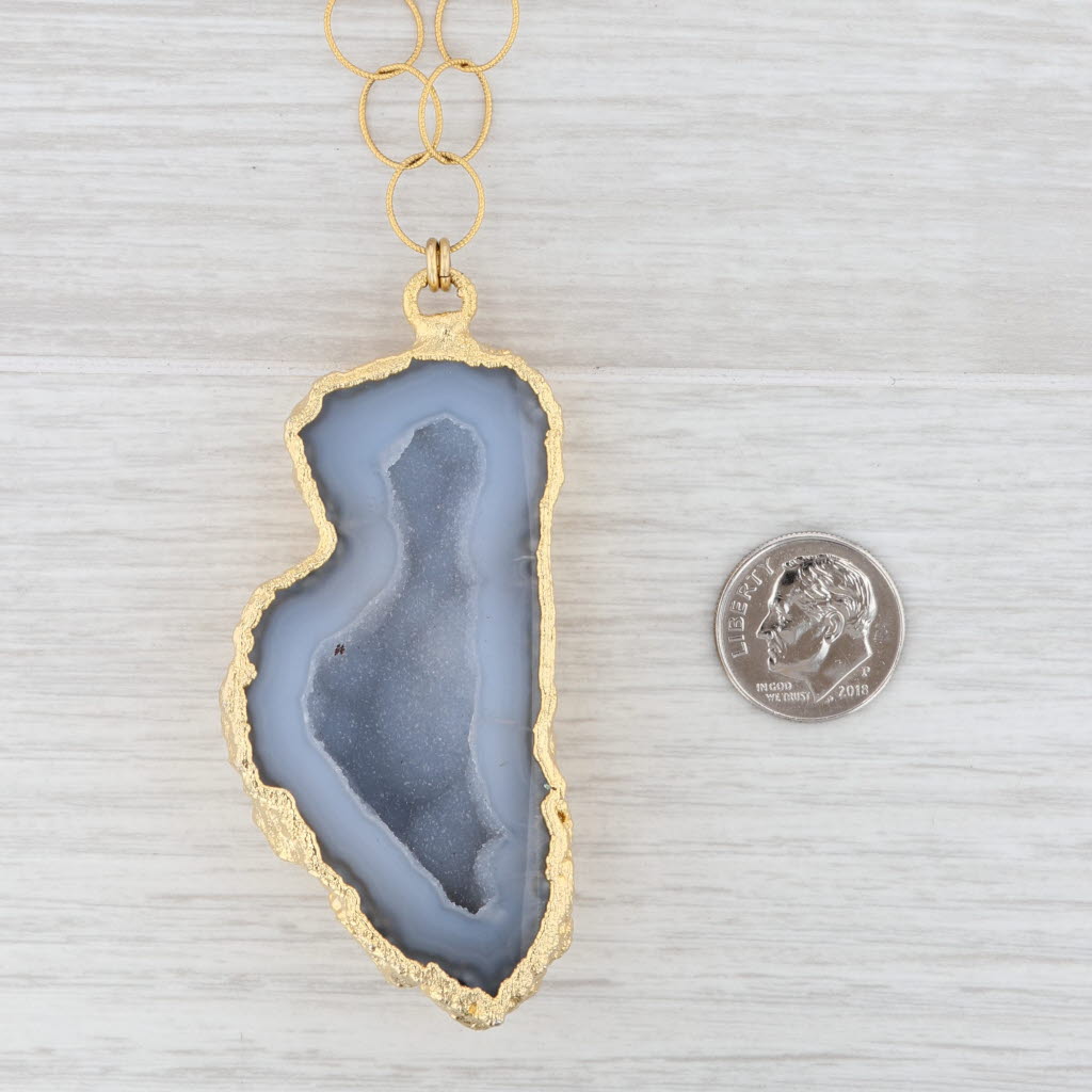 New Nina Wynn Druzy Geode Quartz Pendant Necklace Sterling Gold Vermeil 30.5"