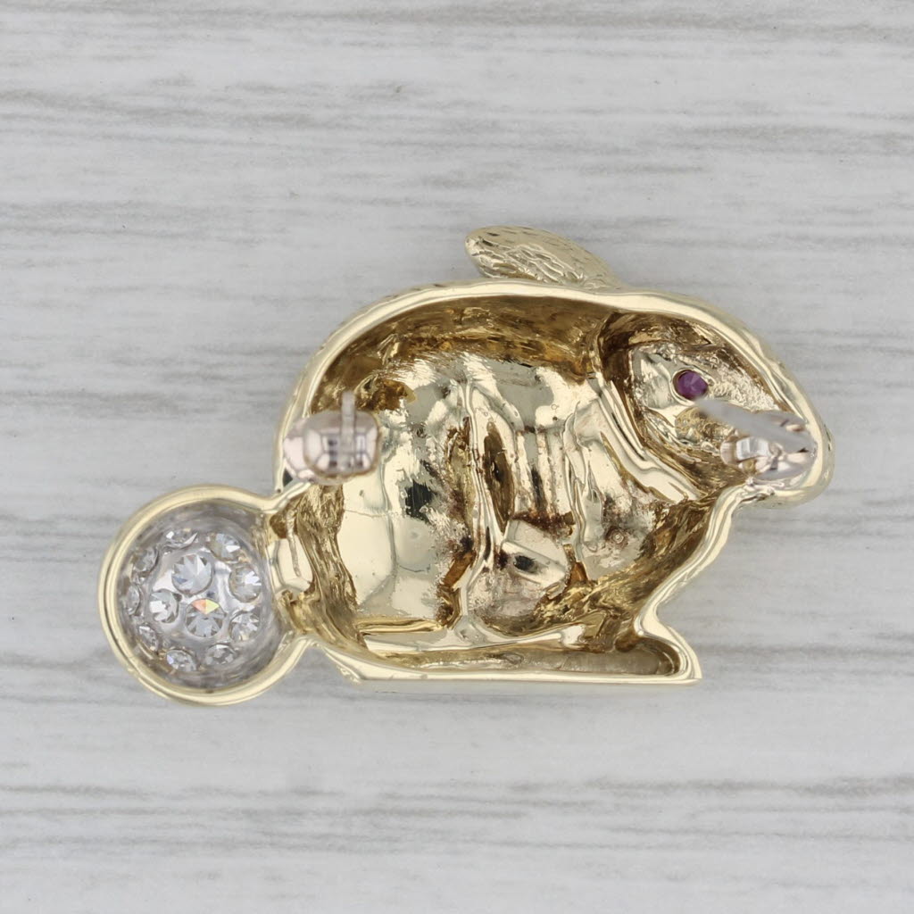 Gray 0.18 ctw Diamond Ruby Bunny 14K Yellow Gold Rabbit Brooch