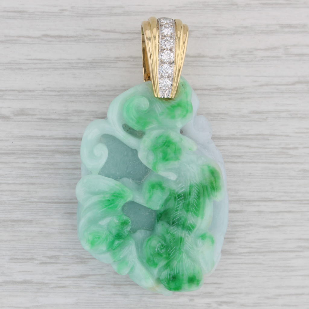 Gray Green Jadeite Jade Carved Animal Pendant 0.50ctw Diamond 18k Gold Statement