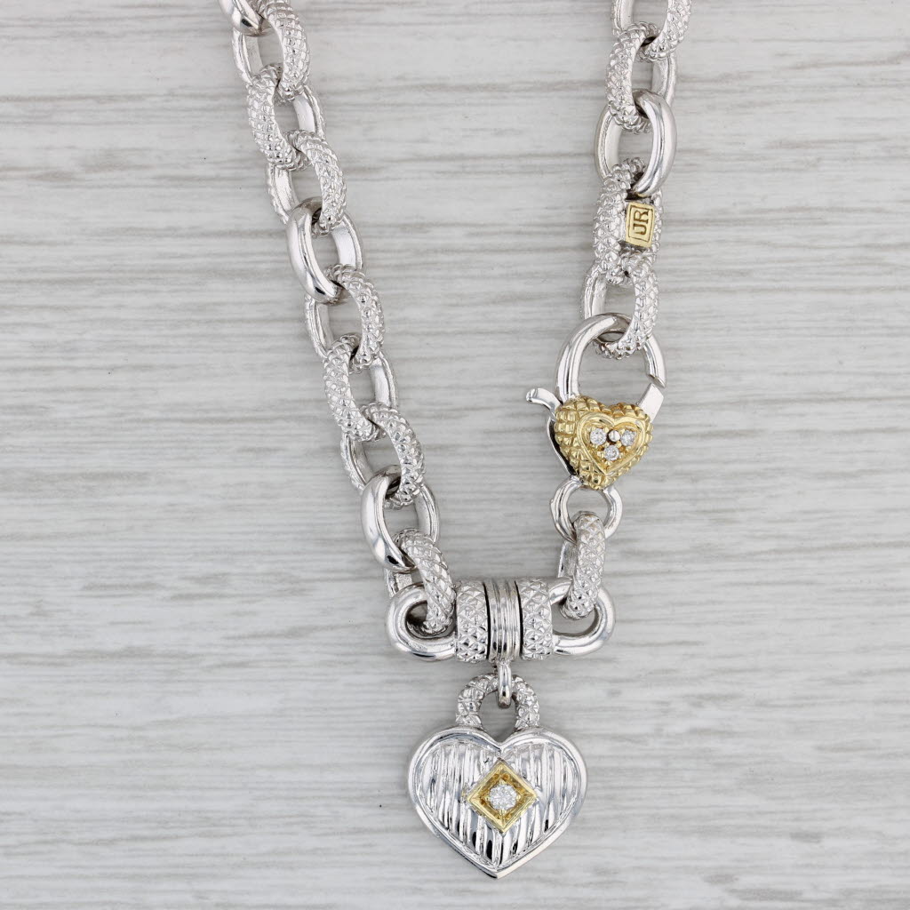 Gray Judith Ripka Diamond Heart Pendant Necklace Sterling Silver 18k Gold 16.5"