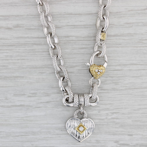 Gray Judith Ripka Diamond Heart Pendant Necklace Sterling Silver 18k Gold 16.5"