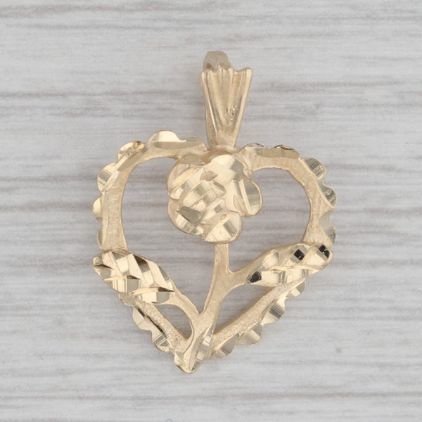 Blooming Rose in Open Heart Pendant 14k Yellow Gold Floral