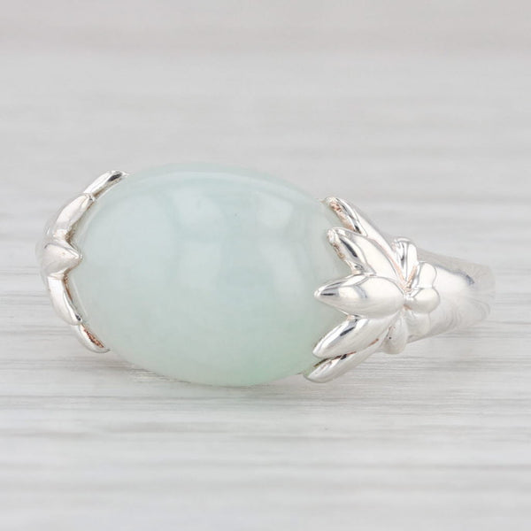 Light Gray Green Jadeite Jade Oval Cabochon Solitaire Ring Sterling Silver Size 6