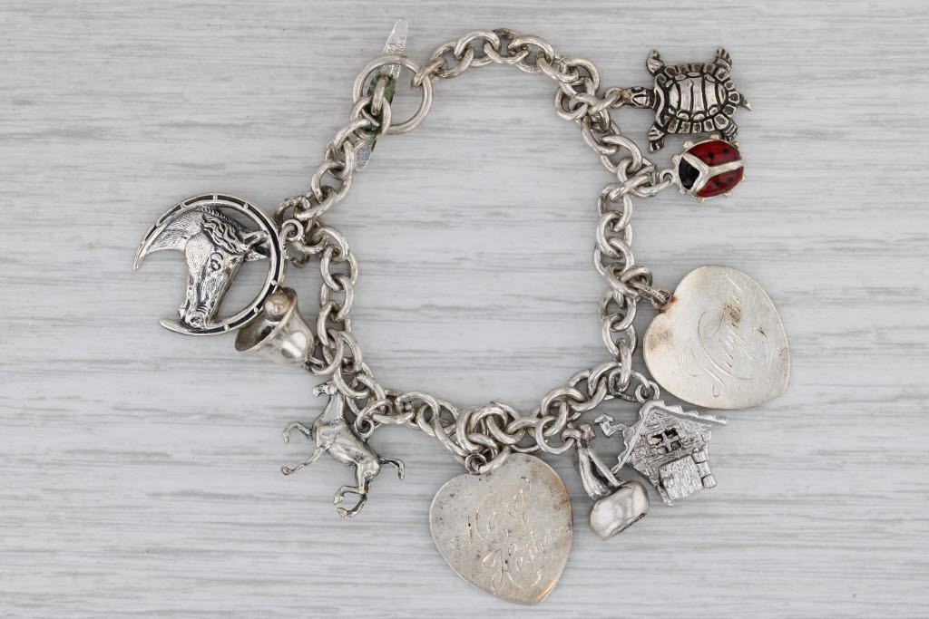 Gray Vintage Silver Souvenir Charm Bracelet 6.75" Turtle Ladybug Heart Horse Sterling