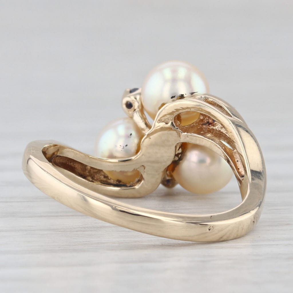 Light Gray Cultured Pearl Blue Sapphire Bypass Ring 14k Yellow Gold Size 6.25