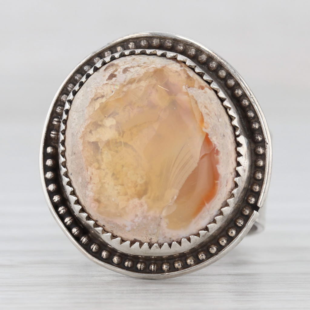 Gray Vintage Native American Fire Opal Cabochon Ring Sterling Silver Size 6.5