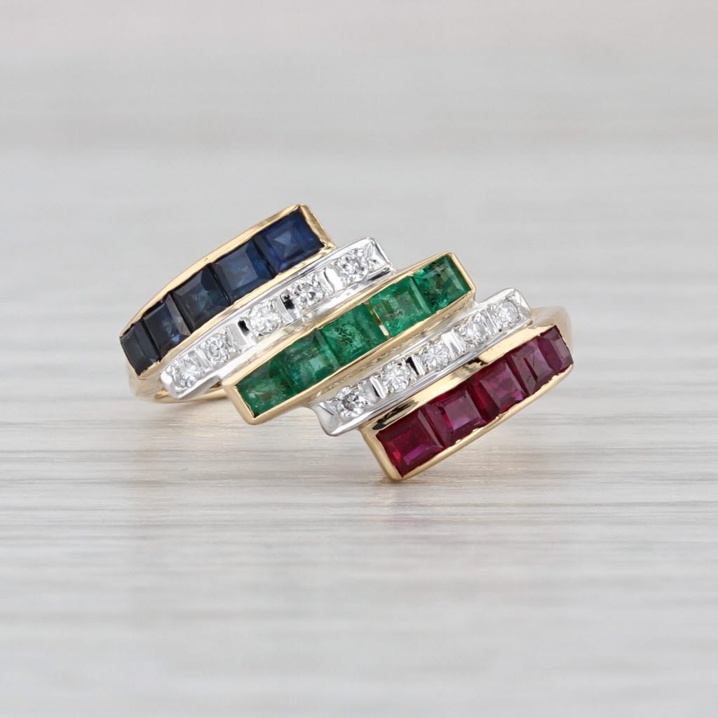 1.07ctw Ruby Emerald Sapphire Diamond Bypass Ring 18k Yellow Gold Size 6