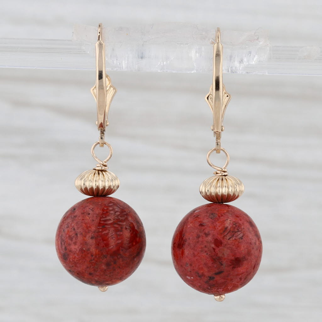 Resin Coral Bead Dangle Earrings 14k Yellow Gold Lever Backs