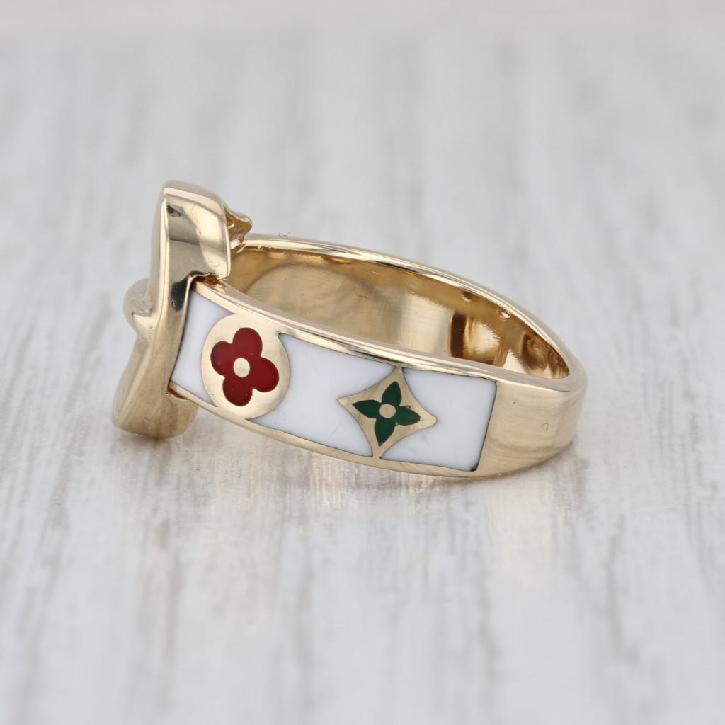 Floral Belt Buckle Ring 14k Yellow Gold Multicolor Resin Size 8 Band