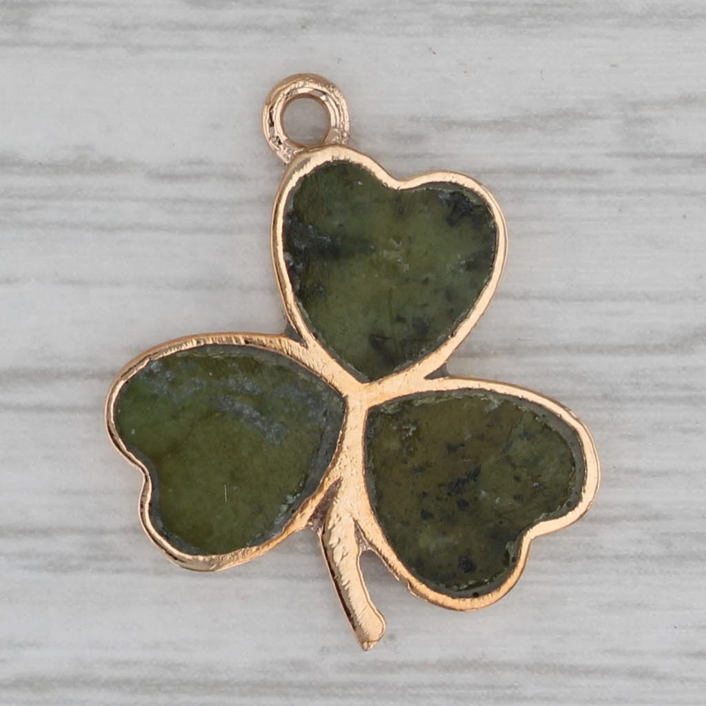 Gray Vintage Irish Shamrock Clover Pendant 9k Yellow Gold Green Serpentine Charm