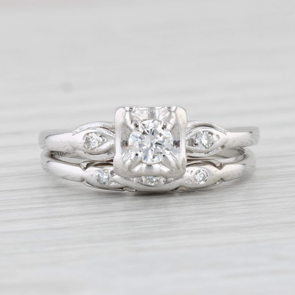 Light Gray Vintage Art Carved 0.21ctw Diamond Engagement Ring Wedding Band Bridal 14k Gold