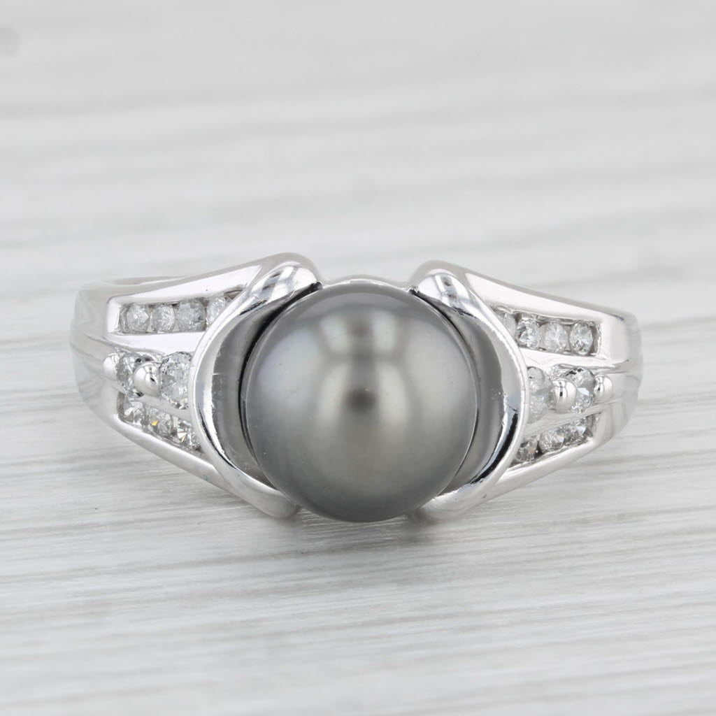 Light Gray Black Cultured Pearl 0.26ctw Diamond Ring 14k White Gold Size 7.25