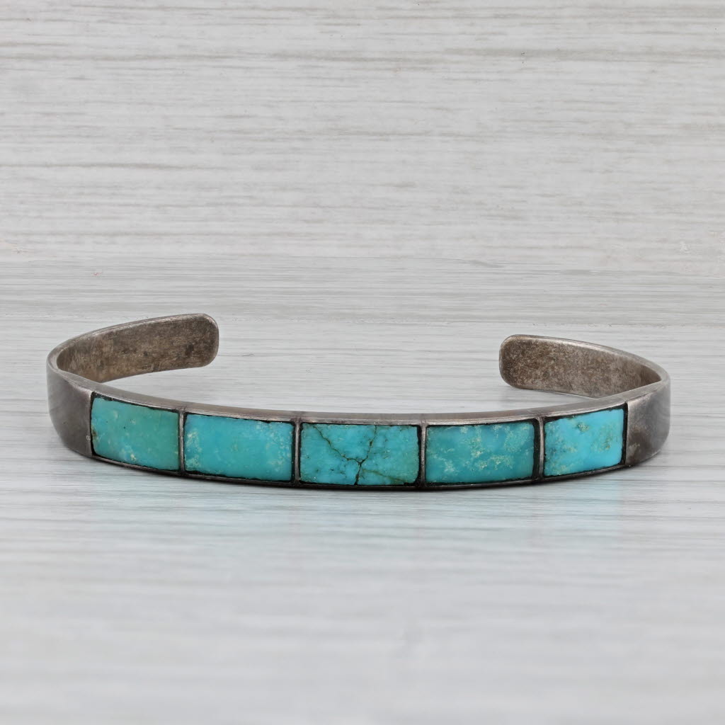 Gray Turquoise Inlay Mosaic Cuff Bracelet Vintage Sterling Silver Native American