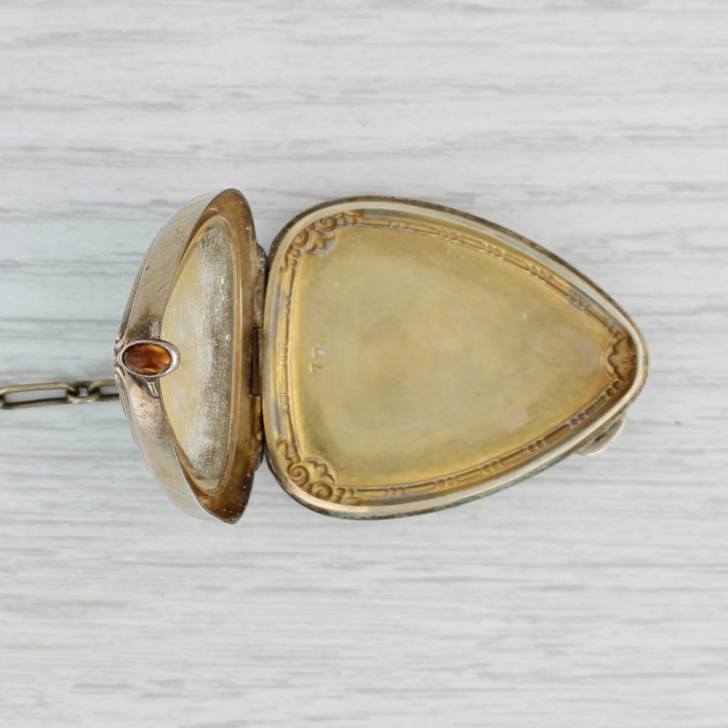 Gray Antique Guilloche Enamel Glass Mirror Powder Compact Fob Sterling Silver Opens