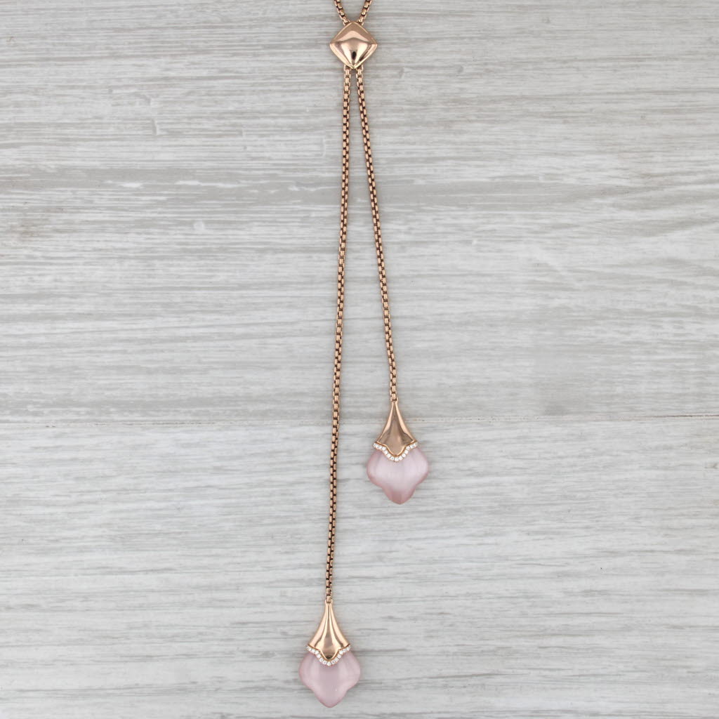 Krypell Pink Mother of Pearl 0.64ctw Diamond Lariat Pendant Necklace 18k Gold
